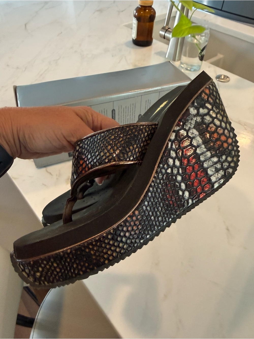 Volatile Metallic Brown and Red Snake-Print Wedge Platforms